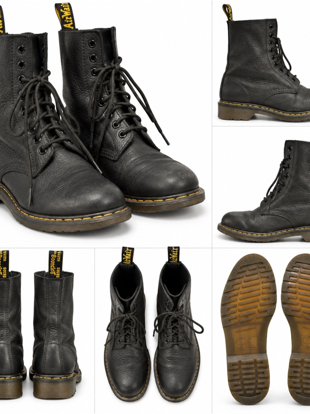 Dr. Martens Black Leather 8‑Eye Lace-Up Boots with Yellow Welt Stitch